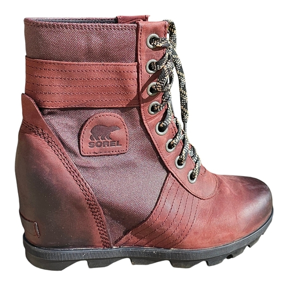 SOREL Women's Waterproof Leather/Canvas Wedge Burgundy Brown Lace-Up Boots 10.5 - Picture 2 of 12